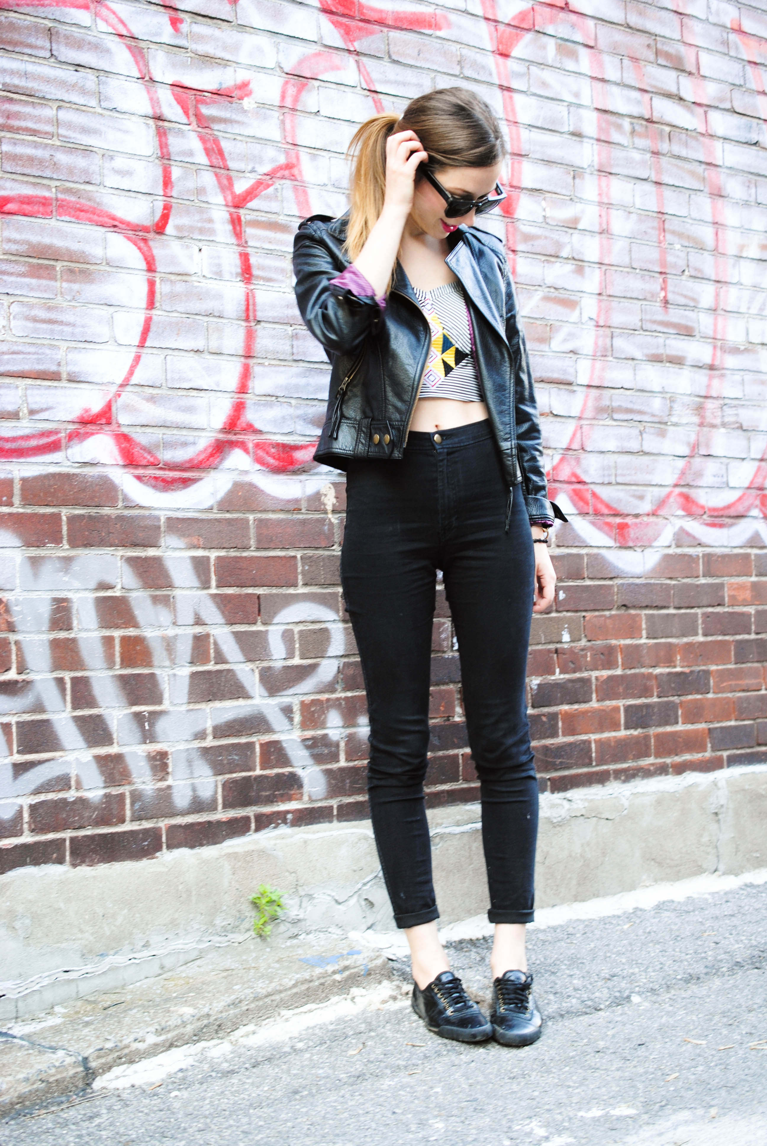 sugarlips crop top and leather jacket