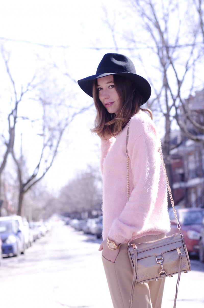 pink fuzzy sweater outfit