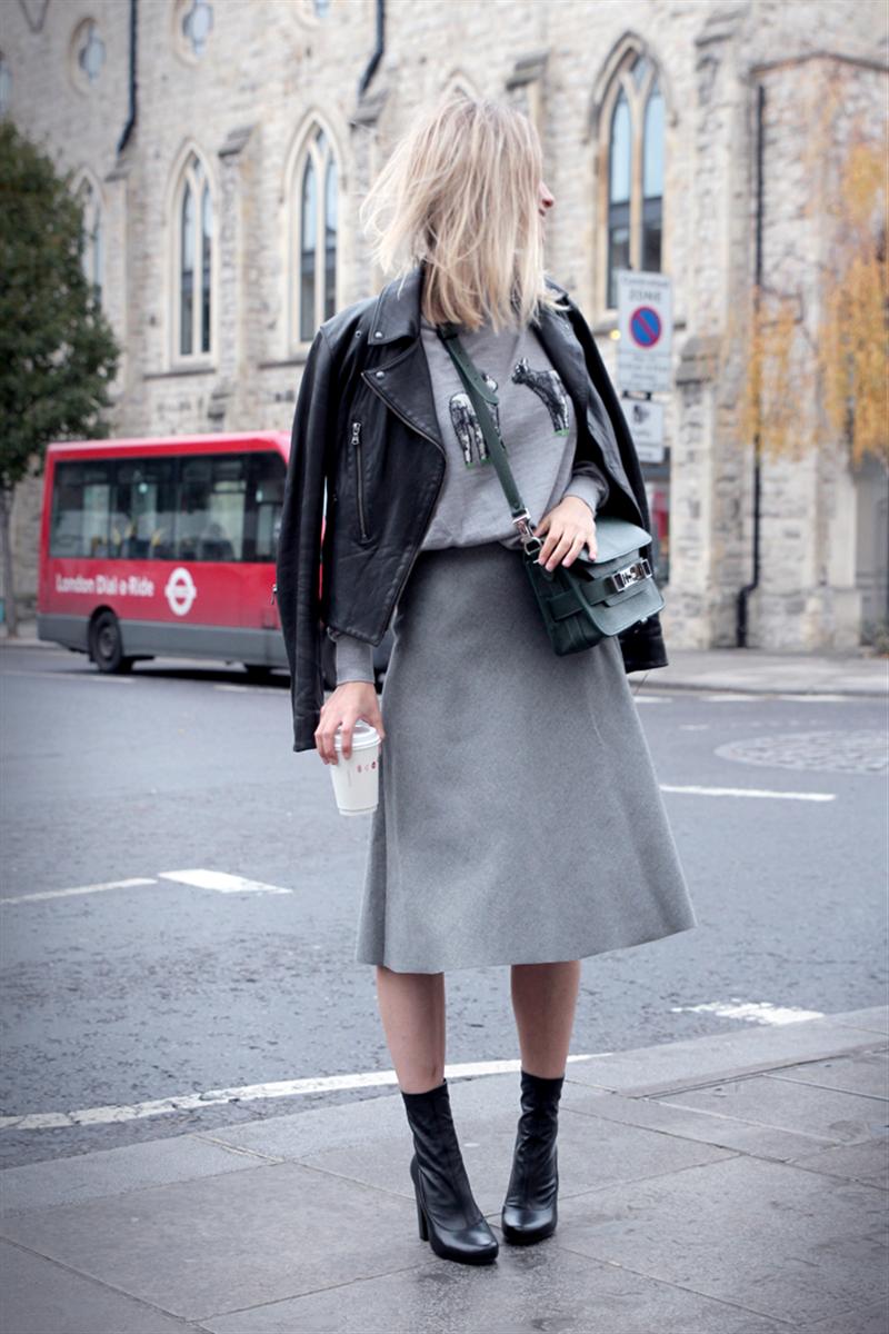 grey for fall, midi skirt