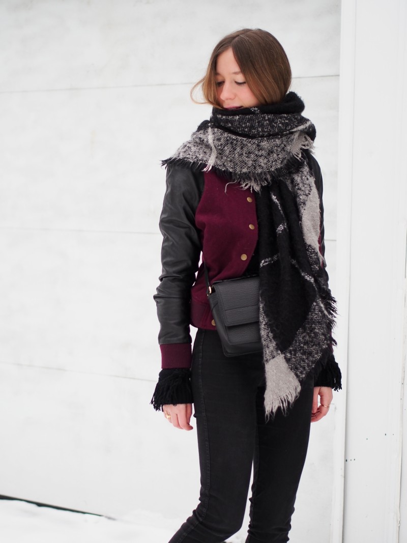 Gabrielle Lacasse layering for winter with bomber jacket and scarf