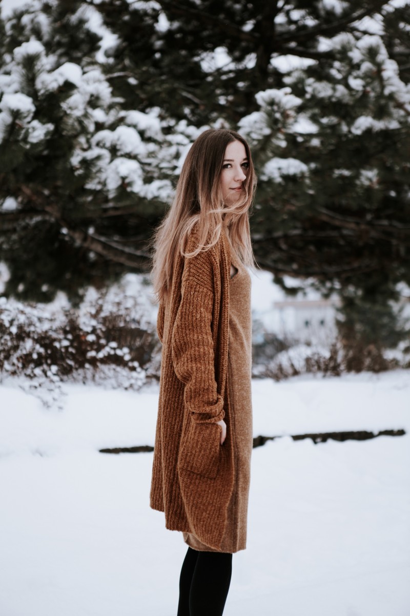 winter outfit post camel cardigan and dress